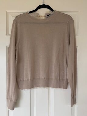 Zara Neutral Beige Scoopneck Lightweight Sweater with Bow Detail L